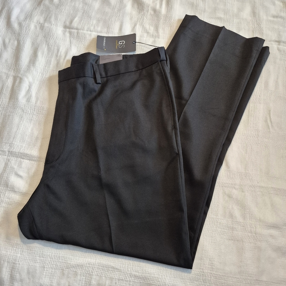 GS men's 46 x 32 black performance pants flat front, flex waist NEW